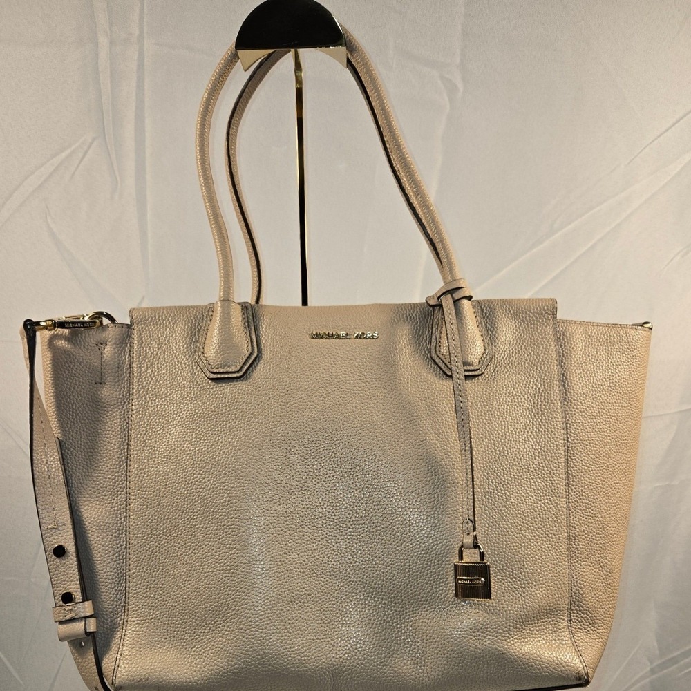 Michael Kors Mercer Large Pebbled Leather Tote Bag Beige Taupe Gold Hardware